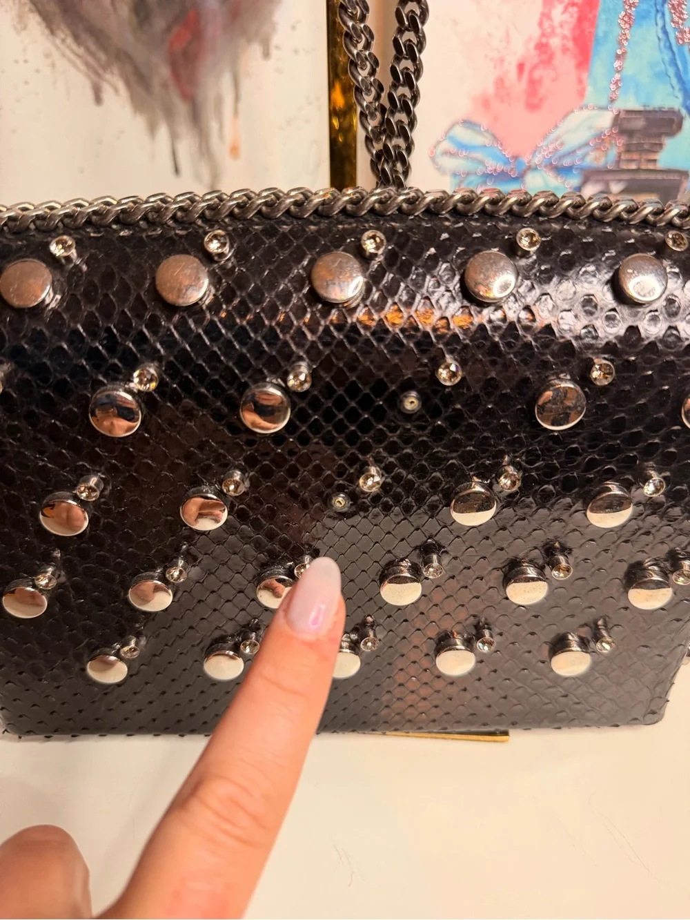 Authentic Jimmy Choo Studded Chain Lockett Bag with Black Snakeskin leather